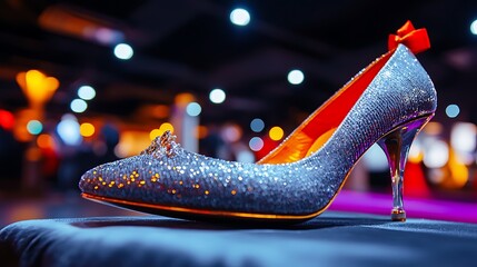 Sparkling high-heeled shoe showcased on a display in a vibrant event venue with blurred guests