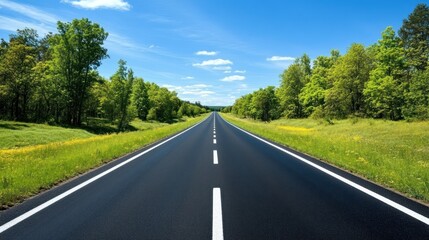 Fototapeta premium Asphalt road, summer, trees, journey, open road, landscape, travel, freedom, nature, background