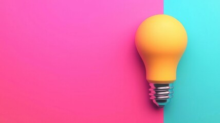 Bright yellow light bulb on a vibrant pink and blue background.