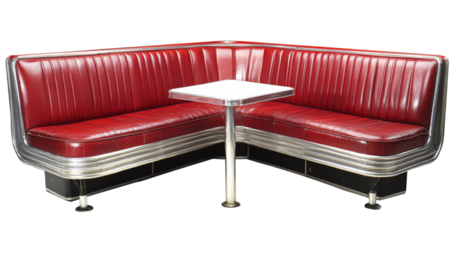 Red leather booth diner style seating surrounding small table with transparent background