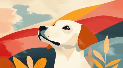Minimalist dog in vibrant abstract background with colorful patterns