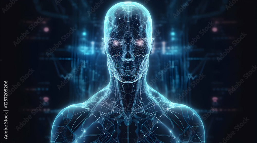 Poster futuristic humanoid figure with glowing circuitry and digital data background