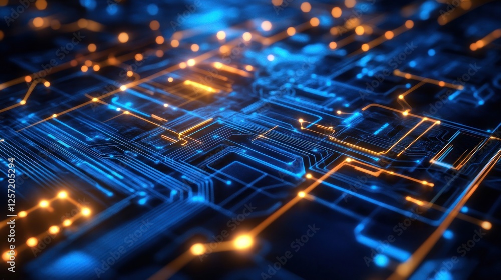 Poster Detailed abstract view of a complex illuminated circuit board