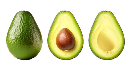 Isolated avocados. Fresh ripe whole avocado fruit, half with seed and a half without isolated on white background.