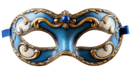 Venetian carnival mask isolated on transparent background with blue and gold decoration
