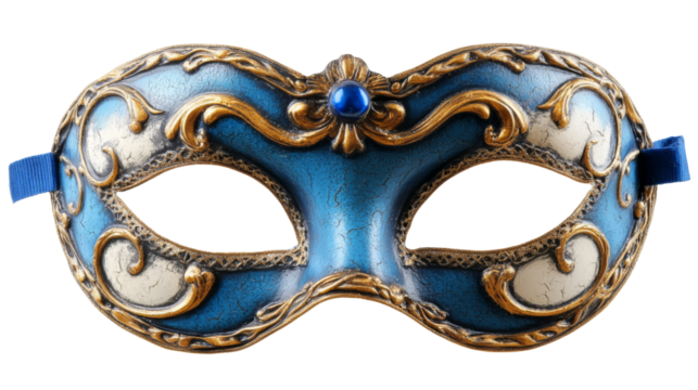 Venetian carnival mask isolated on transparent background with blue and gold decoration