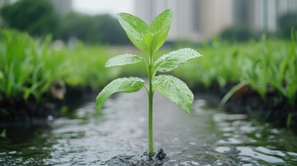 Young plant sprouting in puddle, city background, hope, resilience