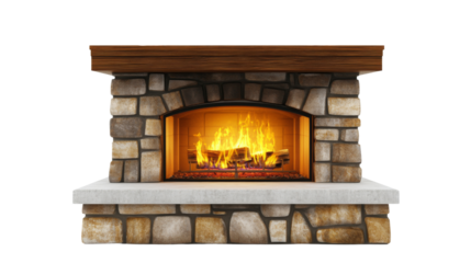 Classic stone fireplace burning with warm fire on transparent background
