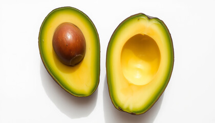 Aesthetic flat lay composition featuring two avocado halves on a pastel-colored background. One half contains the seed, while the other is pitless, showing off its fresh and creamy texture. 
