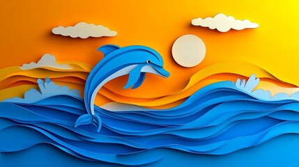 Vibrant paper cut dolphin leaping in blue ocean against sunset sky