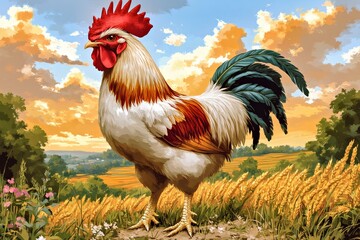 Rooster in a Wheat Field at Sunset