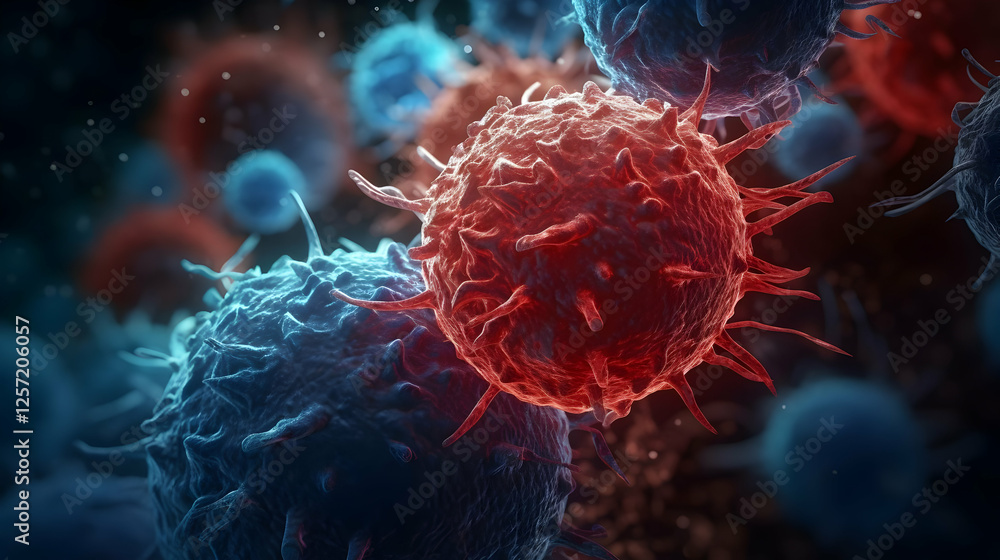Poster close-up view of colorful microorganisms interacting in a microscopic environment