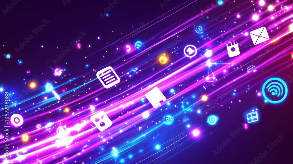 Poster Vibrant digital network with floating icons and glowing lines