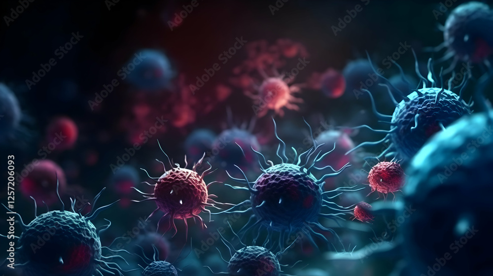 Poster microscopic view of colorful microorganisms interacting in a dark environment
