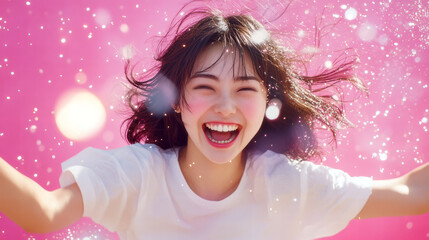 笑顔で光の中をはしゃぐ女性