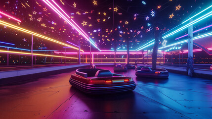 A neon-lit amusement park under the starry sky, with a brightly illuminated bumper car arena, empty yet full of energy, ultra-realistic details, cinematic photography,