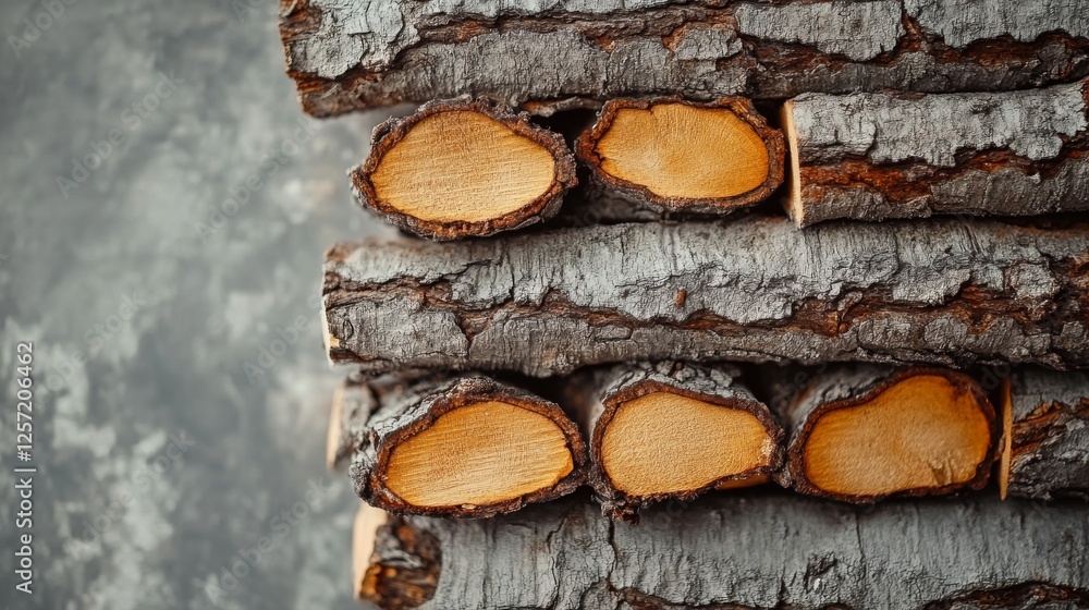 Poster stack of wood logs with bark texture showing end grain