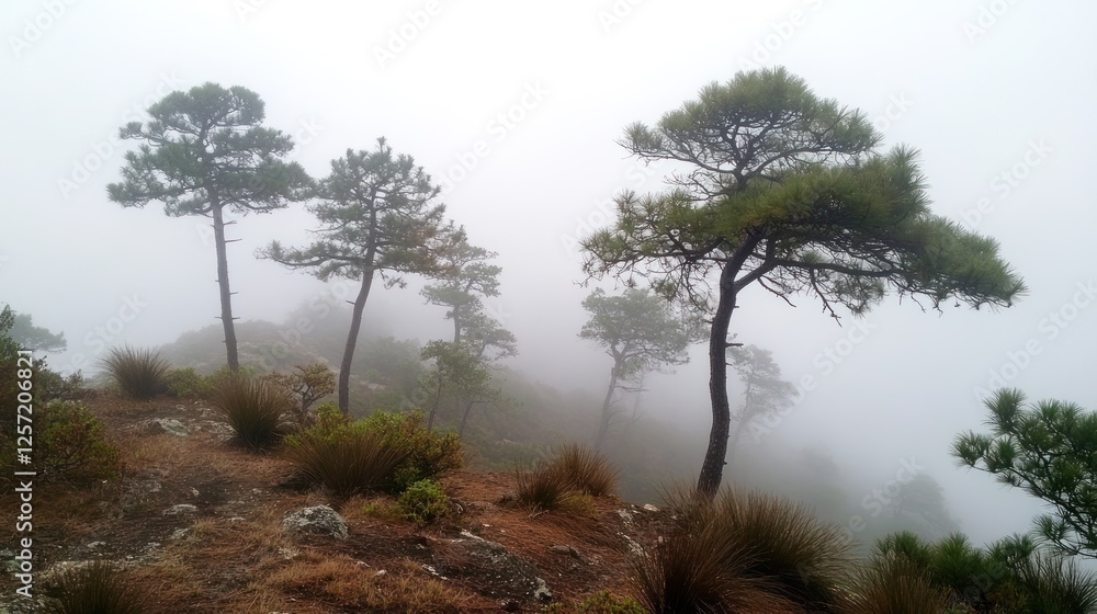 Poster fog obscures a forest of pine trees on a hillside