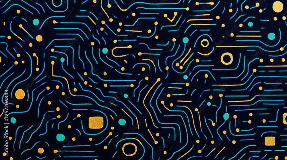 Poster abstract digital circuit board design with blue and gold lines