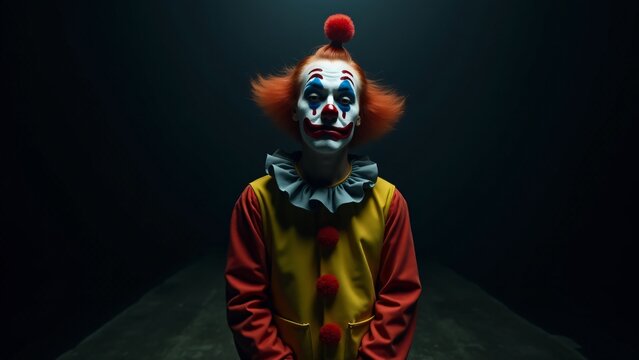 An actor dressed as a clown wears a melancholic smile, their colorful costume and exaggerated makeup contrasting with the tragic aura. The bittersweet scene blends comedy and sorrow.