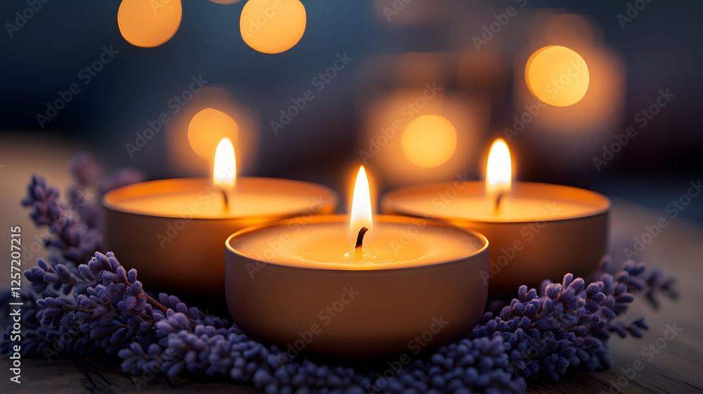 Poster three glowing candles surrounded by lavender create a serene and calming ambiance, enhancing relaxat