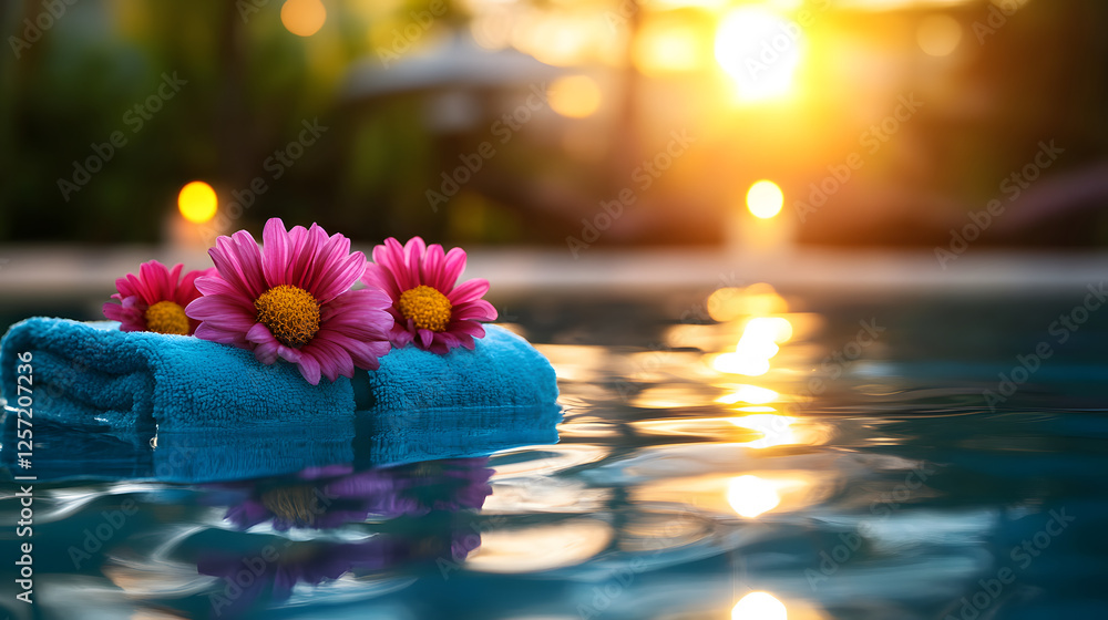 Poster a serene pool scene featuring a rolled towel adorned with pink flowers, reflecting the warm glow of 