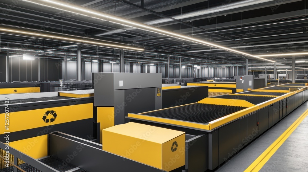 Poster automated recycling facility showcasing conveyor belts and sorting mechanisms