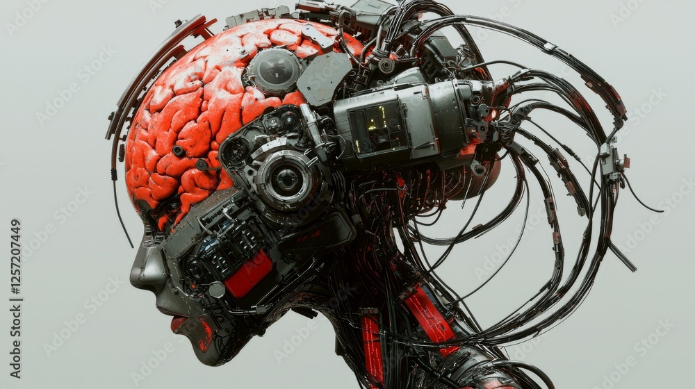 Poster futuristic cybernetic head with red brain and intricate mechanical components in a modern art style