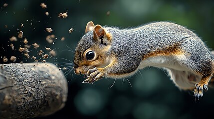 Obraz premium Squirrel Leaping Towards a Log in a Lush Forest Environment, Capturing Dynamic Motion