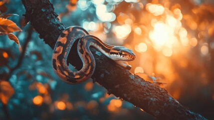 Brown patterned snake coils gracefully on a tree branch
