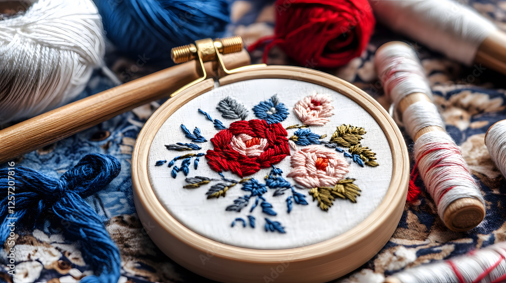 Poster a colorful embroidery hoop featuring floral designs, surrounded by threads and spools on a patterned