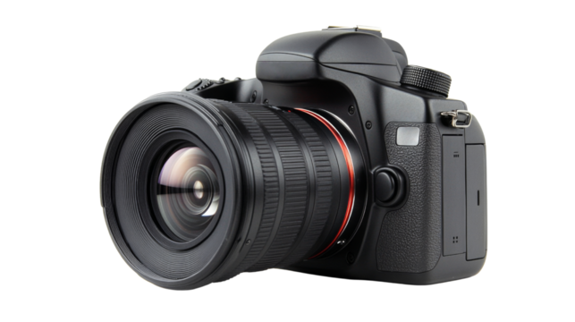 Modern digital slr camera with zoom lens on transparent background
