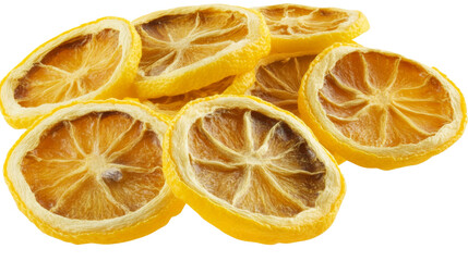Dried lemon slices isolated on transparent background, showing pulp and rind