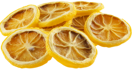 Dried lemon slices isolated on transparent background, showing pulp and rind