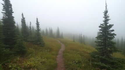 A dirt path leads through foggy woods and grassy hills