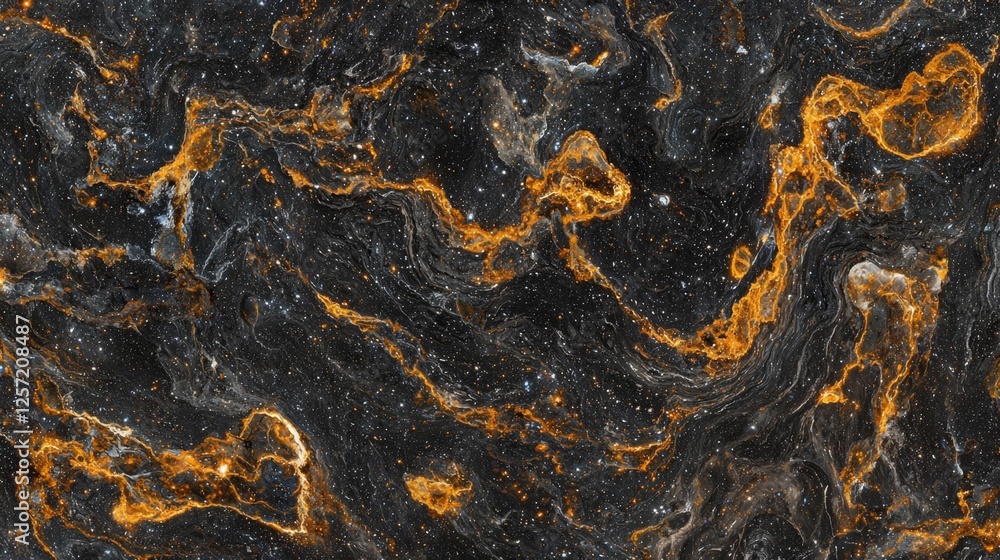 Poster abstract cosmic background with swirling patterns of black and golden hues resembling galaxy formati