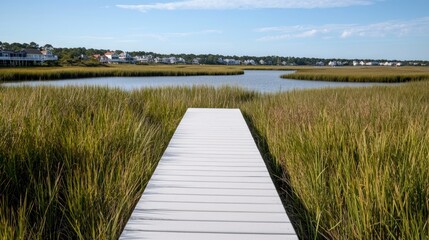 Obraz premium White Dock over Waterway to Homes