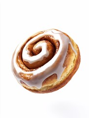 Fototapeta premium A perfectly baked cinnamon roll, glazed with shiny icing, hovers against a stark white backdrop, tempting viewers with its enticing spiraled layers.