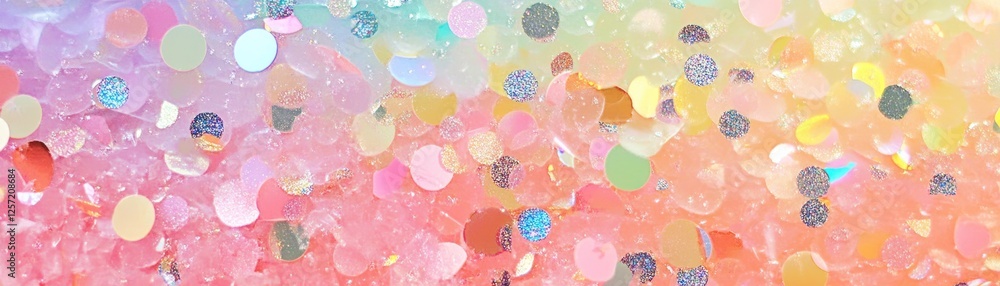 Poster shimmering confetti and iridescent textures create a colorful pastel background