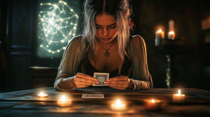 A mystical young fortune teller girl sitting at an antique wooden table, holding a tarot card in her delicate hands, candlelight flickering around her, a celestial star map glowing in the background, 