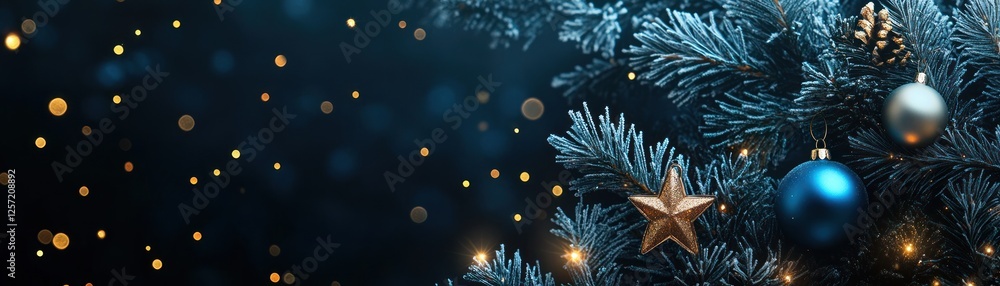 Poster decorated christmas tree with ornaments and bokeh lights sparkles festively