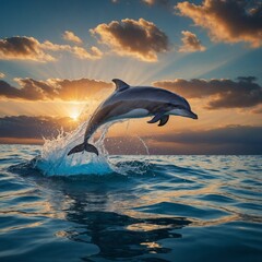 Obraz premium A majestic dolphin leaping out of crystal-clear water at sunset.