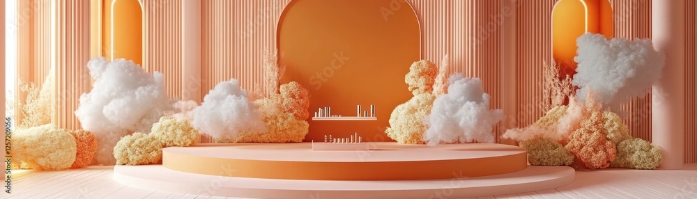 Poster peach colored product display with clouds and arched backgrounds