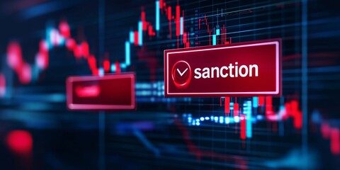 Global Trade War sanctions concept. Financial graph with a "sanction" label emphasizing market trends.