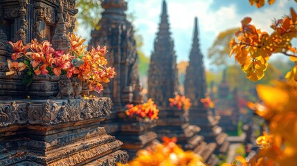Ornate pagodas, flower offerings, temple garden, sunlight filtering through foliage