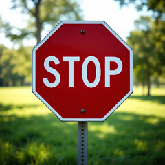 Stop sign on stan on road side with green background. Red stop sing 