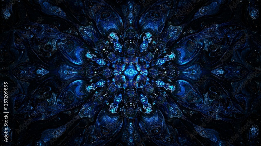Poster intricate abstract blue pattern with swirling designs and deep color depth for modern digital backgr