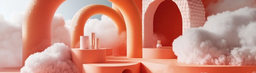 Peach colored stage featuring products amid arches and fluffy clouds