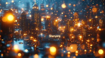 Shenyang Cityscape, Night, Glittering Lights, Aerial View, Futuristic
