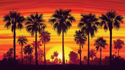 Obraz premium Silhouetted tropical palm trees against a vibrant sunset, creating an ideal backdrop for travel and summer-themed designs.